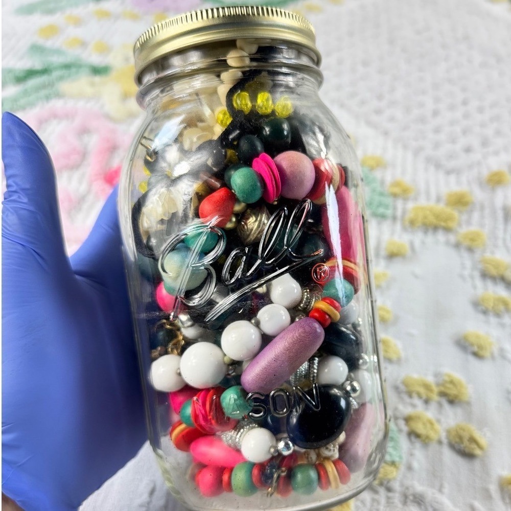Vintage Jewelry Jar Lot Mixed Beads Necklaces Crafting Supplies Ball Mason Jar
